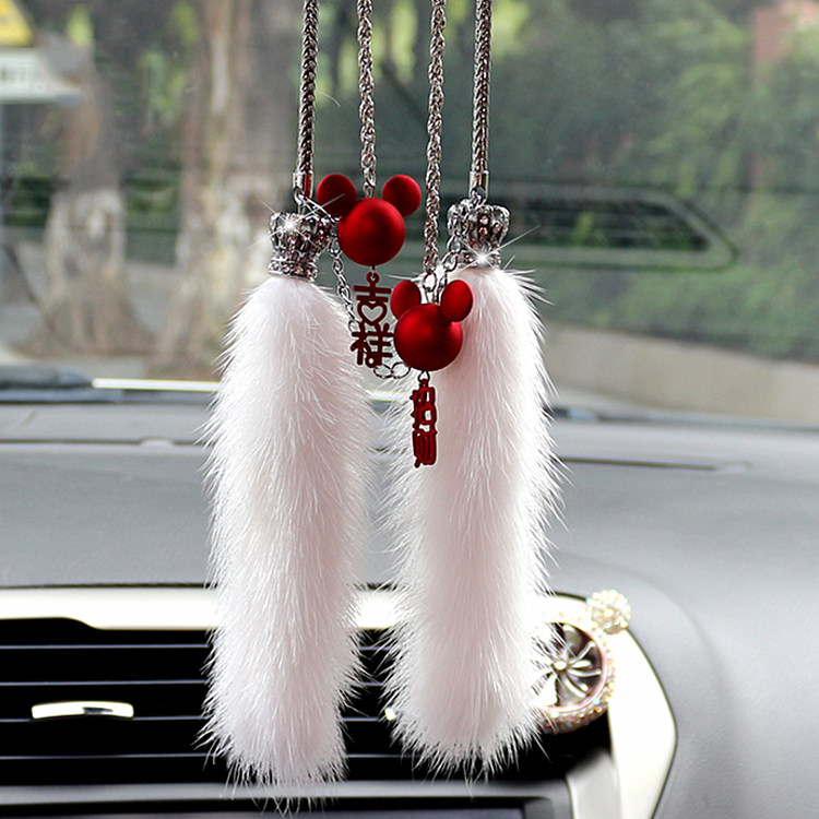 Net red water mink fur car pendant ornament upholstag car decorated with foodie wool female rear mirror crystal pendant