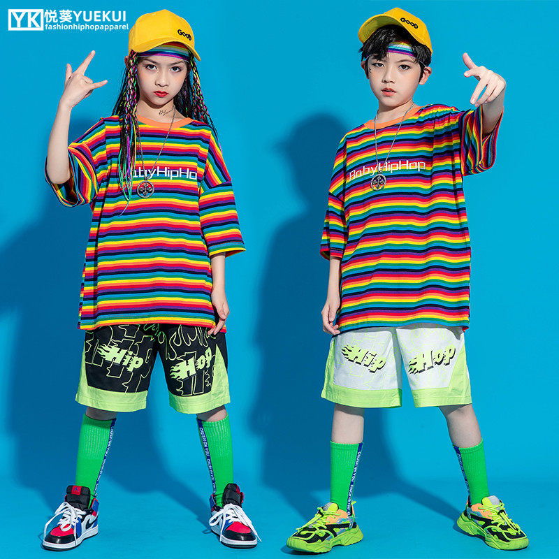 Children's street dance personality hip-hop costumes summer boys color striped suits trendy girls jazz dance cool catwalk costumes