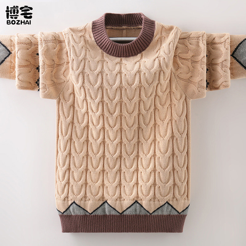 Boys pure cotton sweater foreign style 2022 new autumn and winter children's twist middle big boy plus velvet thick knitted sweater
