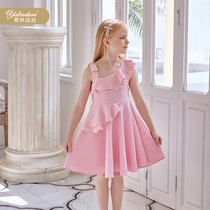 Yallinda silk Childrens daily gown pure handmade nail beads in childrens single shoulder wave collar side butterfly knot dress