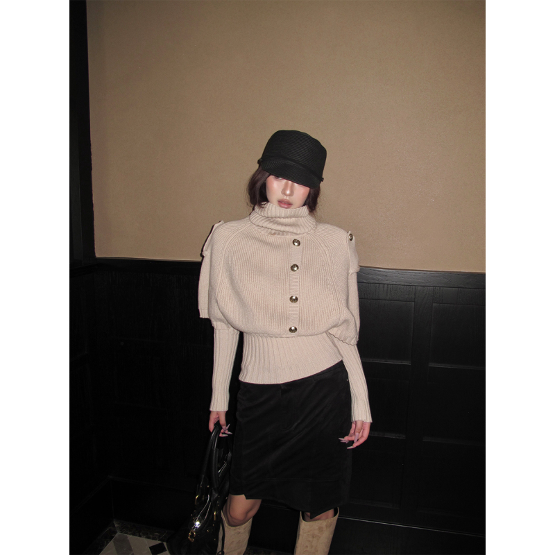 Hytemoly Turtleneck Ribbed Waist-Cinching Loose Top with Narrow Bottom, Metal Button Knit Top, Vintage Sweater for Women with Sleeve Cuffs Hytemoly Turtleneck Ribbed Waist-Cinching Loose Top with Narrow Bottom, Metal Button Knit Top, Vintage Sweater for Women with Sleeve Cuffs