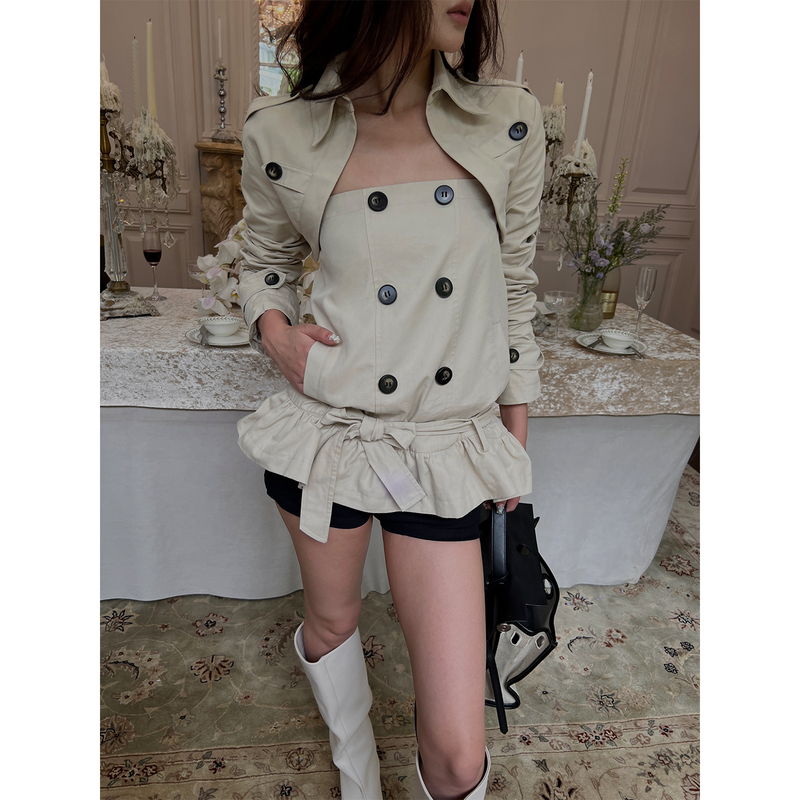 Hytemoly Lyocell Cotton Blend Twill Ultra-Short Jacket Shawl Coat + Double-Breasted Tube Top Trench Coat Set