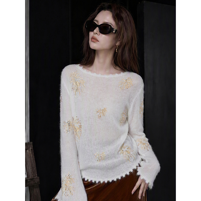 Liheyu Korean Style Age-Reducing Casual Sequined Knit Sweater for Women, White Long-Sleeve Top with Stunning Design Liheyu Korean Style Age-Reducing Casual Sequined Knit Sweater for Women, White Long-Sleeve Top with Stunning Design