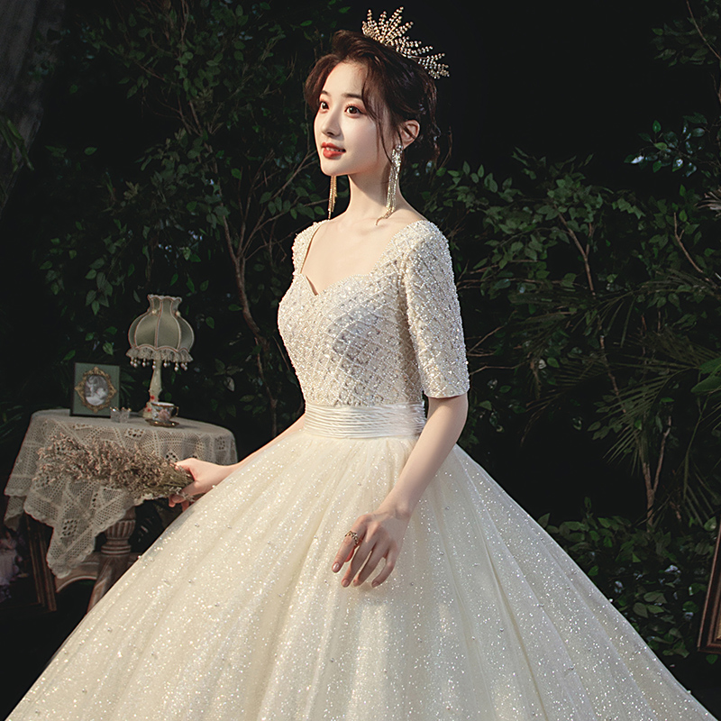 Heavy work Long sleeves main wedding dresses 2022 new brides summer trailing high-end luxury palace windy style super-fairy