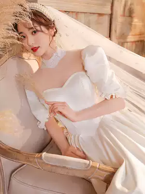 202021 High-end French new satin wedding dress main yarn dress large trailing bride princess style retro