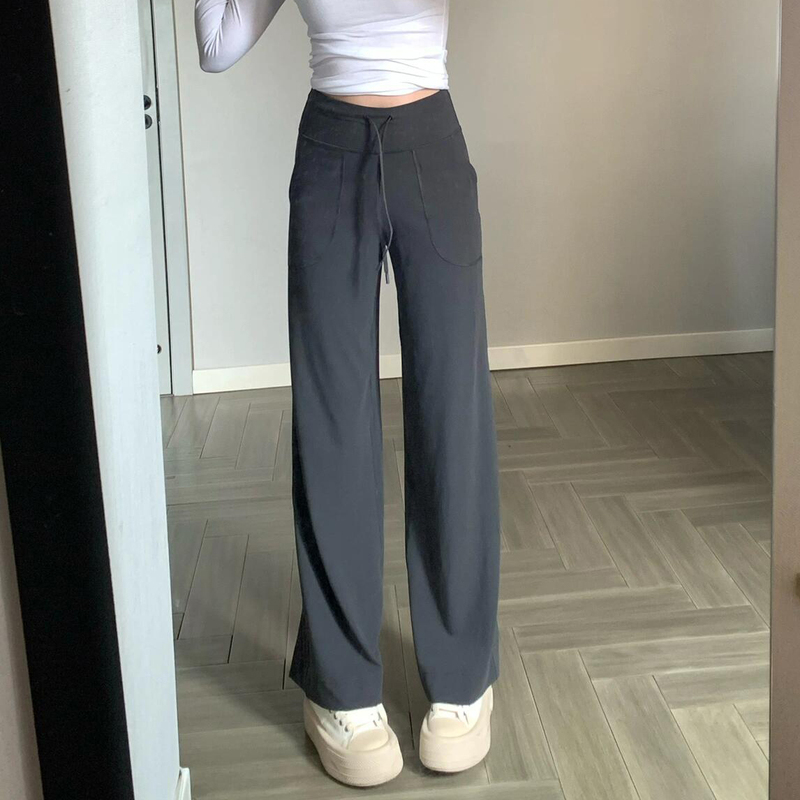 Angtai Lulu Style Wide-Leg Pants for Women, Straight-Leg Long Pants with Drawstring, High-Waisted, Drapey, Loose, Narrow Throwbackstill