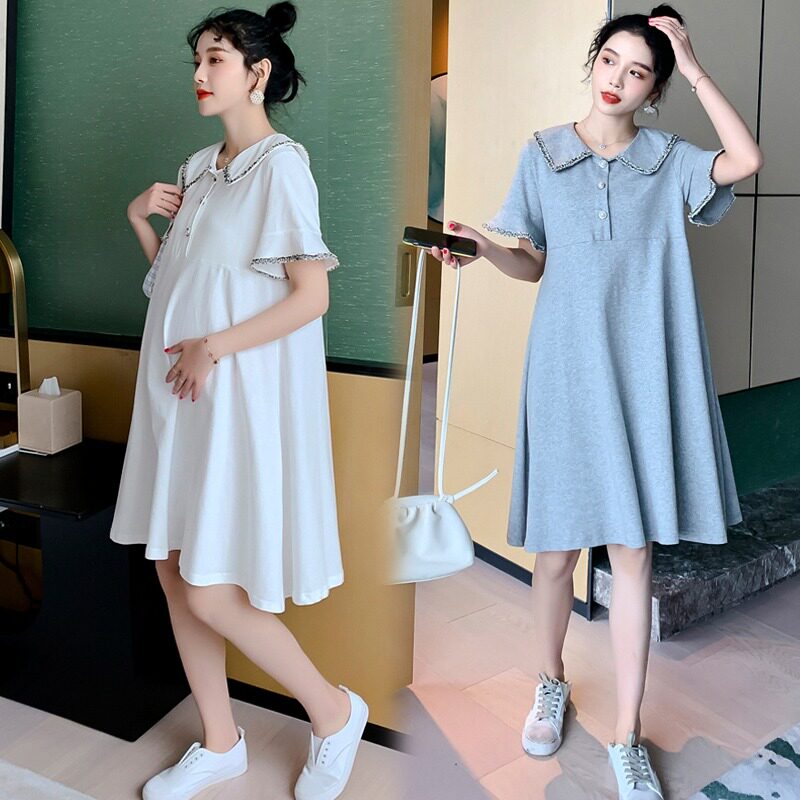 Pregnant women dress summer dress fashion trendy mom loose sweet cover belly short-sleeved summer dress large size lapel cotton mid-length version