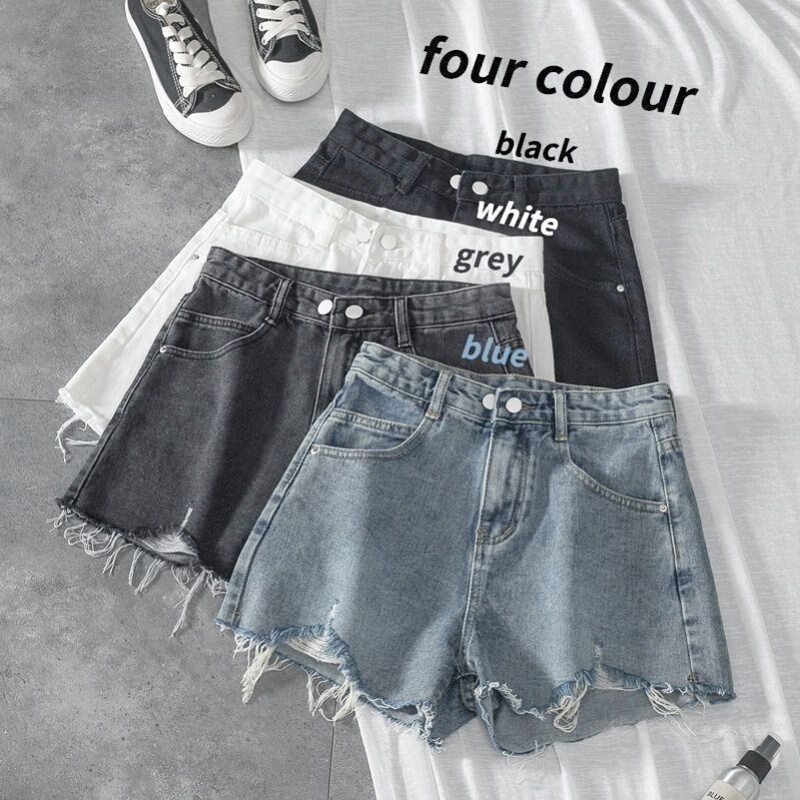 Girls' Ripped Denim Shorts, Summer Thin High-Waisted Loose Slimming A-Line Wide-Leg Frayed Hem for Middle and High School Students