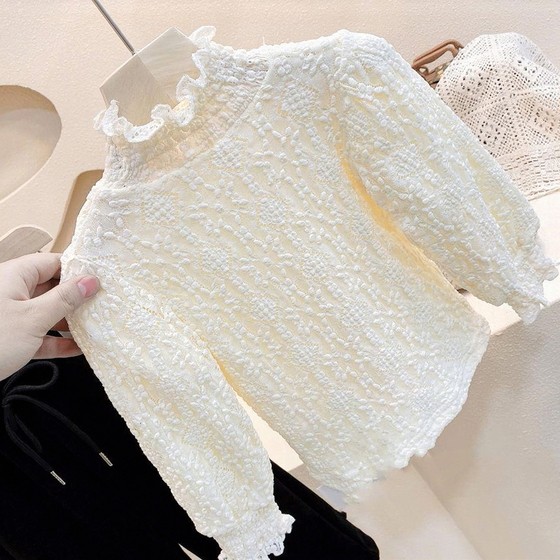 2023 new autumn and winter girls' Korean style fashionable mid-high collar plus velvet thickened bottoming shirt girls' fashionable lace top