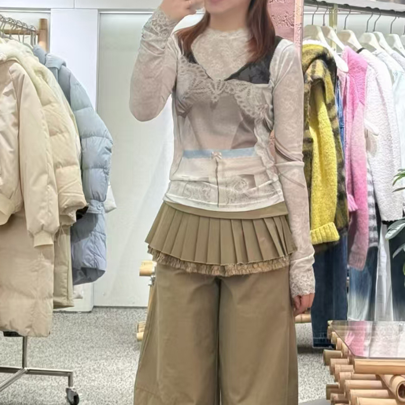 In Stock 2026 Early Spring Round Neck Lace Underwear Layered with 3D Printed Long-Sleeved Base Shirt