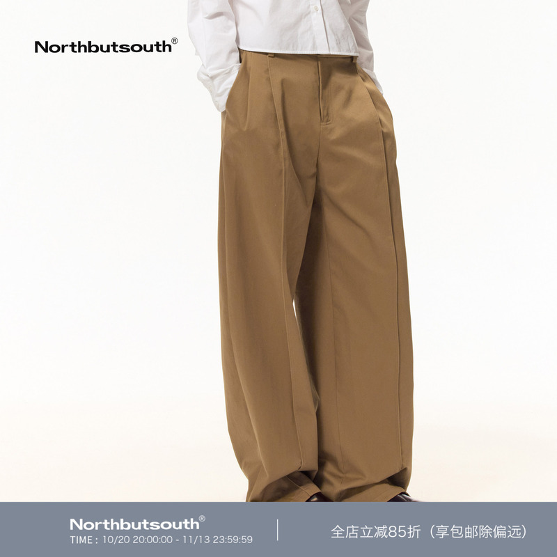 Northbutsouth 100% Long-Staple Cotton Button-Tie Cuff Double-Pleated Mid-Low Waist Casual Pants
