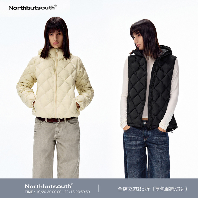 Northbutsouth Two-Color Hooded Quilted Diamond-Pattern Detachable Reversible Lightweight down Jacket