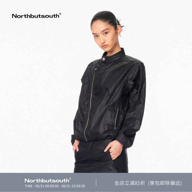 Northbutsouth Black Matte Diagonal Zipper Small Stand Collar Lightweight Jacket