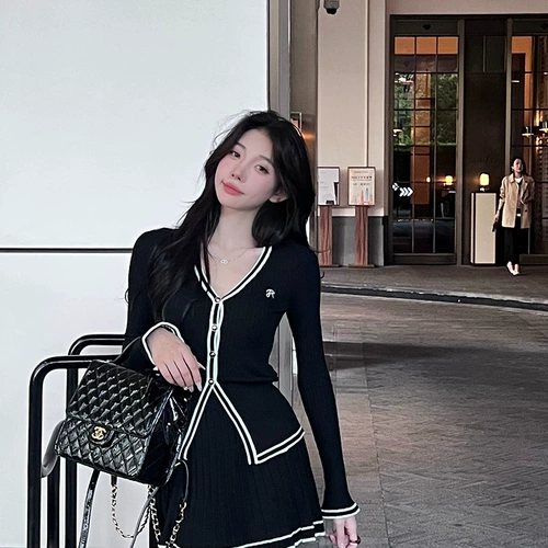 Трикотажный комплект, осенняя юбка в складку, в стиле Шанель, осенний, городской стиль