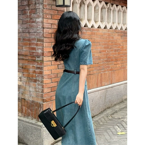 Летнее джинсовое платье, сексуальная длинная юбка, подходит для подростков, короткий рукав, французский стиль, яркий броский стиль