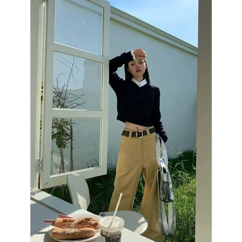 Короткий осенний ретро японский трикотажный свитер, V-образный вырез