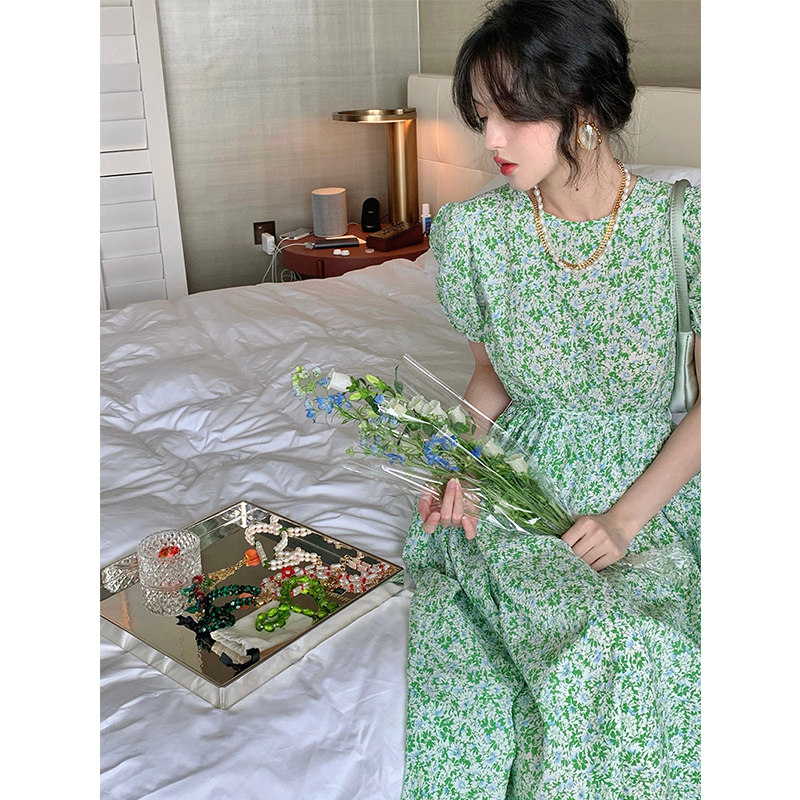 2021 new spring and summer tea break French style first love sweet super fairy dress small fresh green floral dress