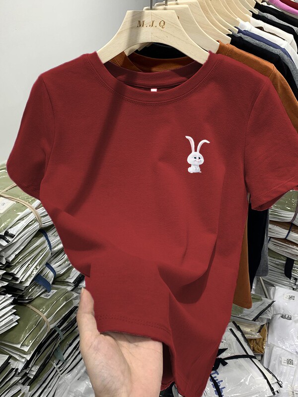Right-Shoulder Brushed Cotton Short-Sleeve T-Shirt for Women, Casual and Versatile, Stylish Red Top, Inner Layer Base Shirt for Spring, Autumn, and Winter