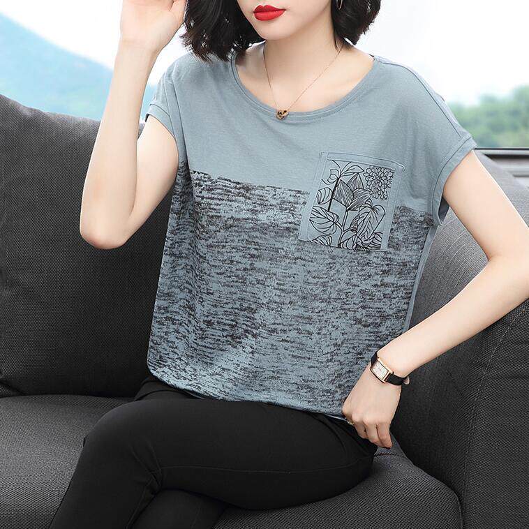 Printed with cotton short sleeve T-shirt female Korean version loose summer 2022 new blouse half sleeve large size for women's summer T-shirt
