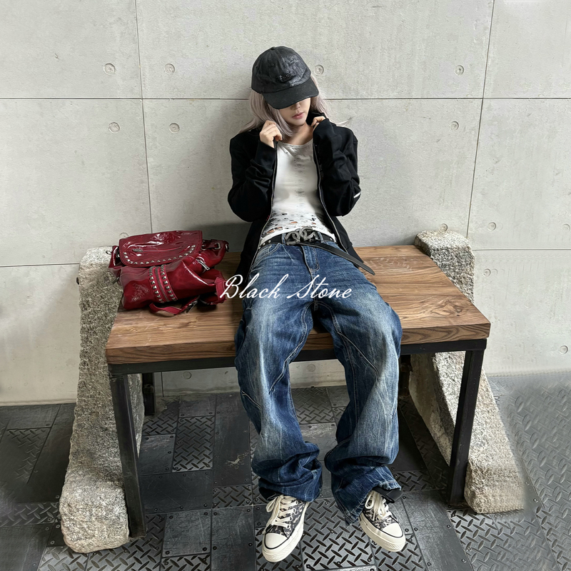 Black Stone River'Submerged' Deep Sea Lightning Crack Heavy Washed Denim Jeans Bamboo Style Straight Leg Unisex