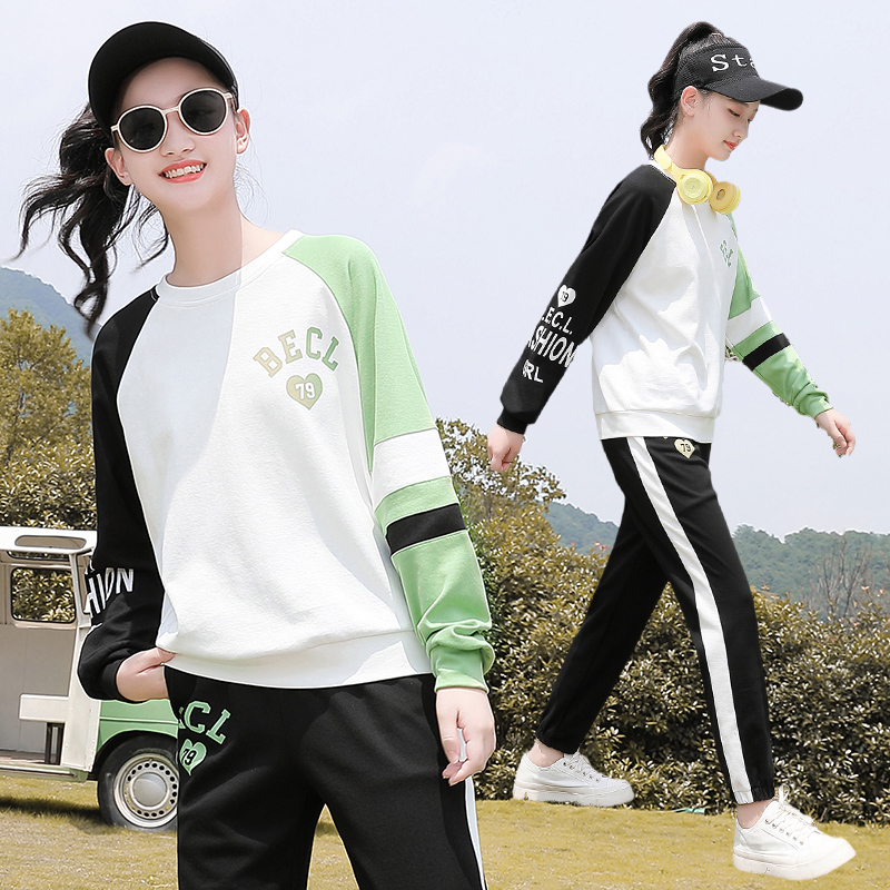 Female Great Boy Spring Clothing 2022 New Casual Foreign Pie Spring Autumn Money Girl Sports Suit Girl Thick T-Shirt Two Sets