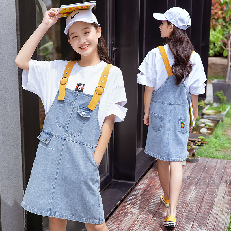 Girl girl bag dress 2021 new 12 - yang 13 girl summer dress 15 - year - old girl hanging dress two pieces