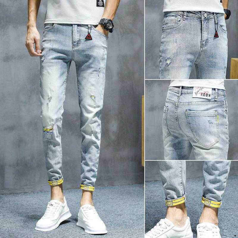 Jeans men's 2021 spring spring Korean stretch trend men's slim foot casual hole tide brand pants
