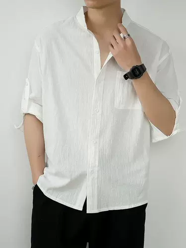 Комфортная тонкая весенняя летняя однотонная мужская рубашка для отдыха, китайский стиль, из хлопка и льна