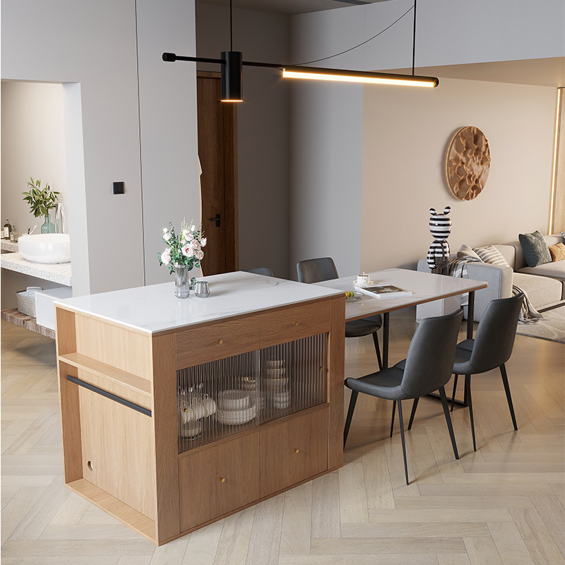 Solid wood Nordic modern minimalist dining table light luxury home living room dining table integrated western dining table middle island retractable table