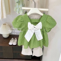 Girls Summer Short Baby Bow Shirt Casual Thin Sleeve Shirt 2023 New Style Western Style Tops Children