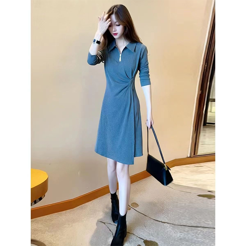 Mid-Length Long-Sleeved Dress for Women, Autumn 2025 New Style, French High-End Style, Sexy Slit A-Line Skirt for Petite Women