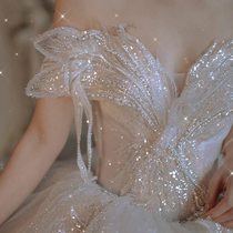 Main wedding dress 2021 new bride one shoulder luxury starry sky small man trailing retro court princess style summer