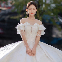 French satin wedding dress word shoulder 2021 new bride simple atmosphere main yarn Hepburn retro tail small man