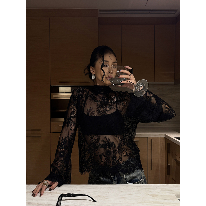 Stylmw Jingzi Pure Desire Style Half-High Collar Floral Sheer Lace Blouse Women's Autumn Black Lace Overlay Top Stylmw Jingzi Pure Desire Style Half-High Collar Floral Sheer Lace Blouse Women's Autumn Black Lace Overlay Top