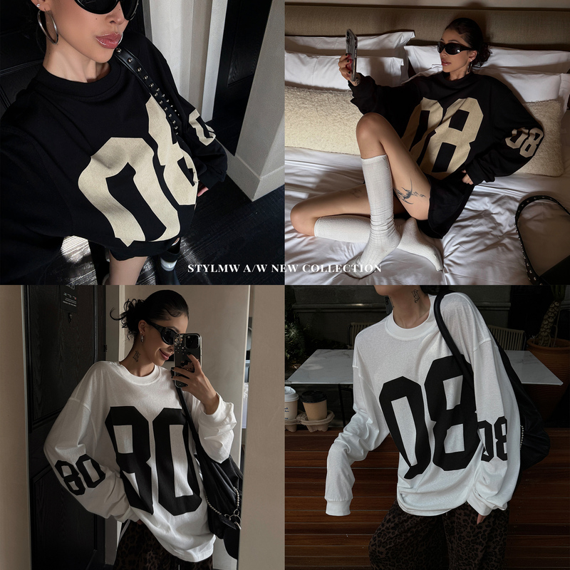 Stylmw Jingzi American Retro Drop-Shoulder Loose-Fit T-Shirt for Women, Autumn Relaxed Base Layer with Digital Print Long-Sleeve Top