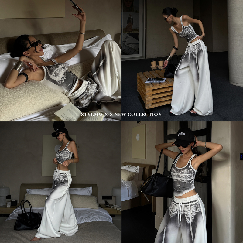 Stylmw Jingzi American Street Style Tie-Dye Print Fashion Set, Stylish Camisole and Casual Pants Two-Piece Set Stylmw Jingzi American Street Style Tie-Dye Print Fashion Set, Stylish Camisole and Casual Pants Two-Piece Set