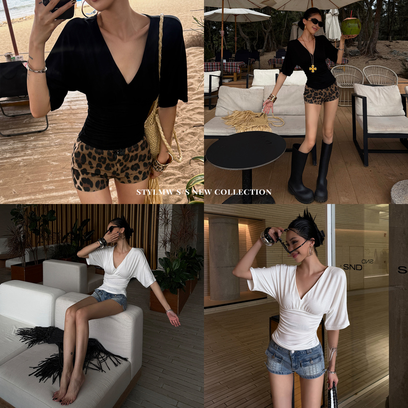 Stylmw Jingzi Lyocell Batwing Sleeve Knitted V-Neck Waist-Cinching Short Sleeve T-Shirt Hot Girl Slimming Short Top for Women Stylmw Jingzi Lyocell Batwing Sleeve Knitted V-Neck Waist-Cinching Short Sleeve T-Shirt Hot Girl Slimming Short Top for Women