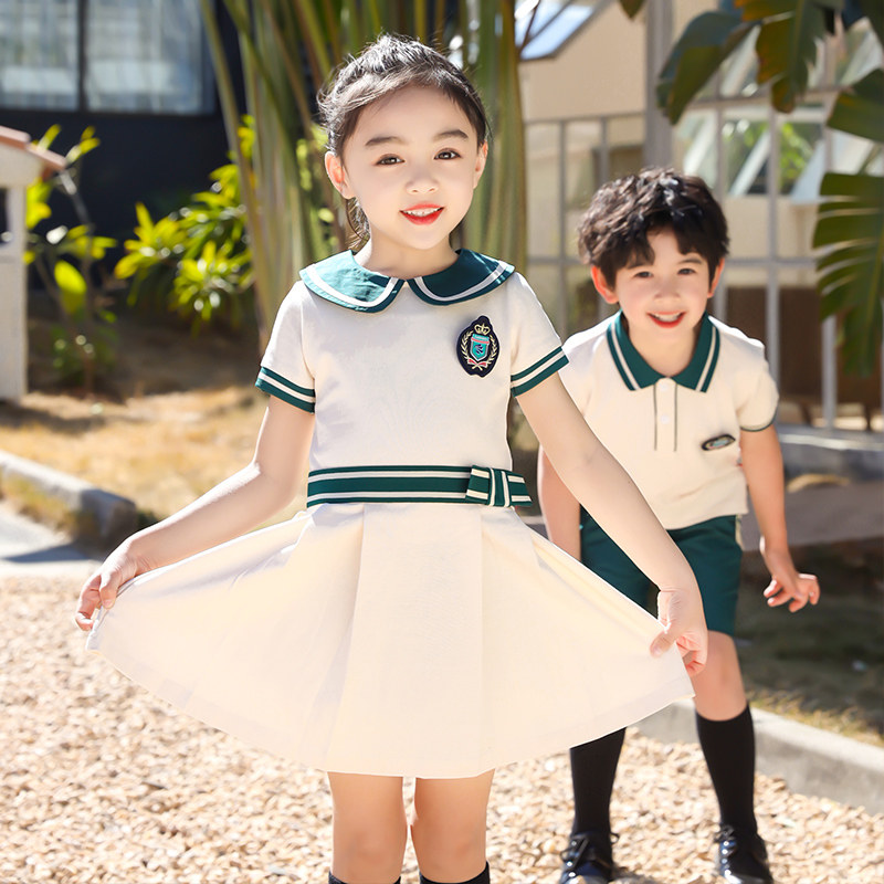 Kindergarten uniform summer short-sleeved shirt suit primary school uniform British style children's graduation class clothing performance clothing
