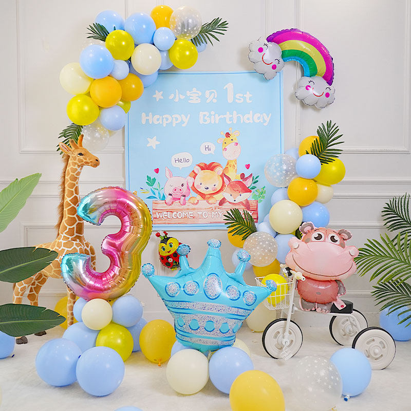 Cartoon animal birthday decoration scene layout baby children's party one-year-old balloon forest boy girl poster