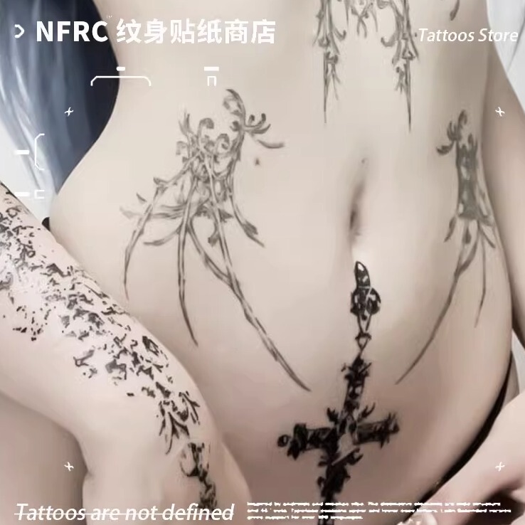European and American Style Sexy Waist Cross Herbal Juice Tattoo Stickers for Women and Men, Waterproof Body Art, Personalized Gothic Style