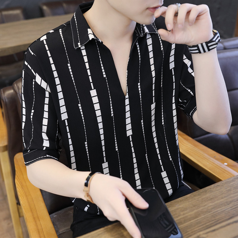 Fugui Bird Summer Ice Silk Short Sleeve T-Shirt Male Clothes Trendy Loose 50% Sleeve Striped T-shirt V Collar Half Sleeve Blouse