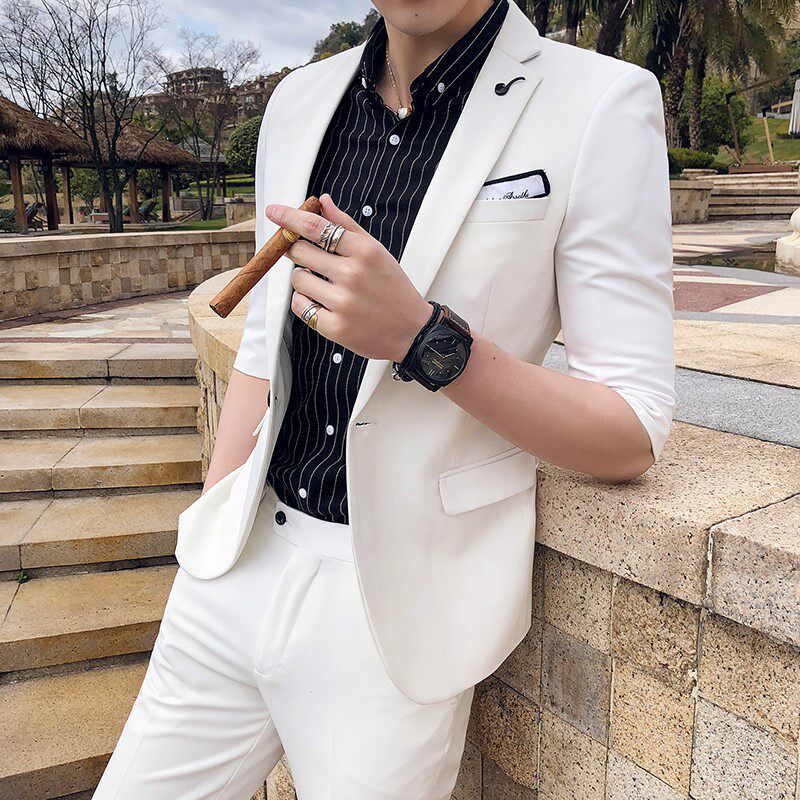 Rich Bird Summer Casual Short-sleeved Suit Suit Men's Korean Style Slim Jacket Three-quarter-length Sleeve Suit Nine-point Pants Two-piece Set