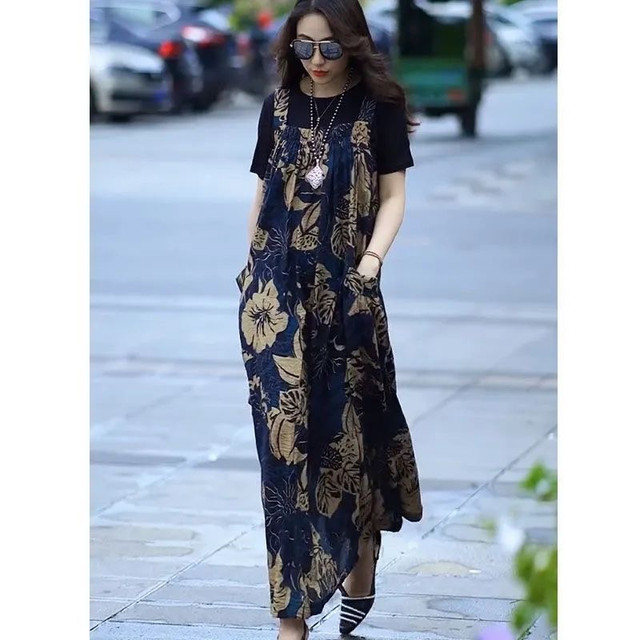 2024 Summer Suspender Dress Women's Floral Loose Slim Fashion Printed Suspender Long Skirt Set two-piece