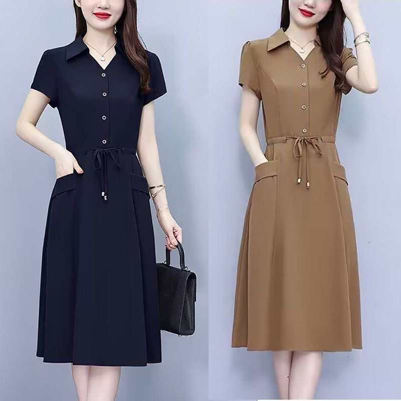 2026 Summer New Large Size Fashionable Short-Sleeved Dress for Middle-Aged and Elderly Women, Waist-Cinching, Slimming, Belly-Covering Dress