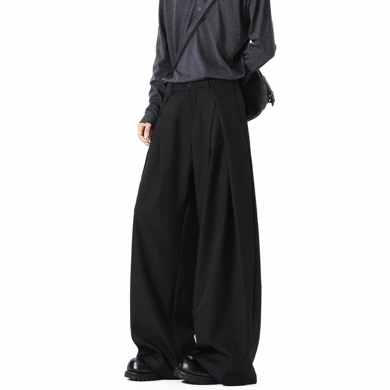 Black Three-Dimensional A-Line Pleated Dress Pants for Men, American High Street Style, Loose and Drapey, Suitable for Summer, Wide-Leg Long Trousers for Commuting
