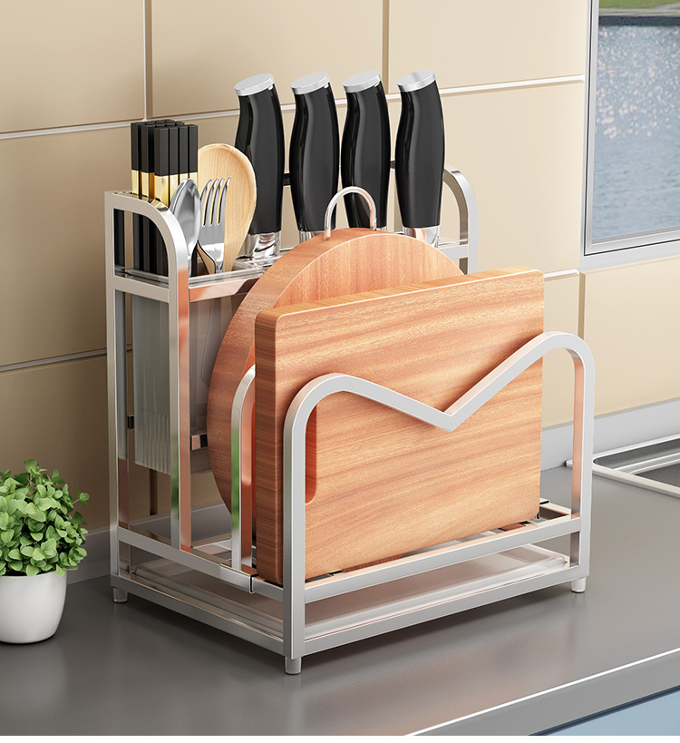 Stainless steel chopping board knife rack integrated storage rack kitchen pot cover kitchen knife cutting board rack double-slot drain storage rack