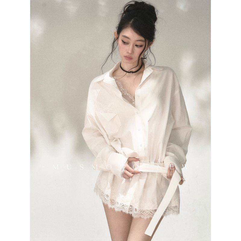 Musmoro White Long-Sleeve Shirt Dress with a Fabric-Covered Button Belt, Multi-Wear Patchwork, Eyelash Lace, and Waist-Cinching Design