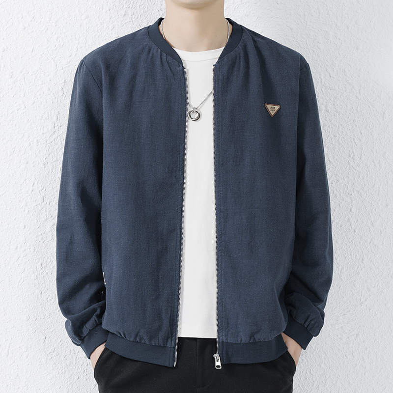 Men's Cotton and Linen Baseball Collar Jacket, Japanese Style Casual Trendy Spring and Autumn Linen Men's Clothing, Ramie Material Coat for Men