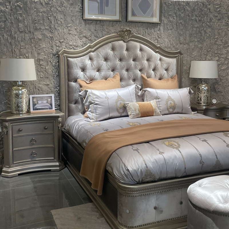 American-Style Solid Wood Bed Art Zhu Yuan 1.8m Original Fabric Upholstered Double Bed for Villa Bedroom, Floor-Standing Wedding Bed with Carved Patterns
