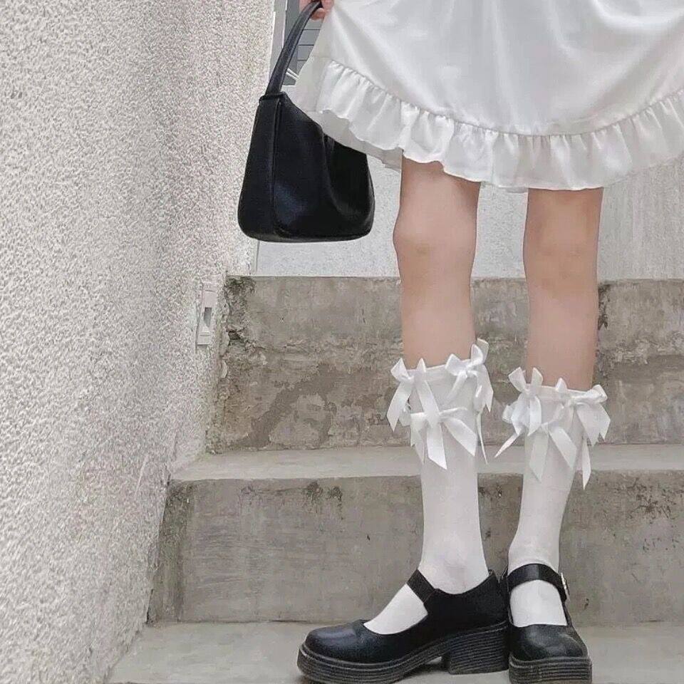 Butterfly Knot Female Calf Socks Sweet Ensemble Teenage Girl Midbarrel Socks Jk Bubble Socks-style Japanese Autumn Summer Lolita